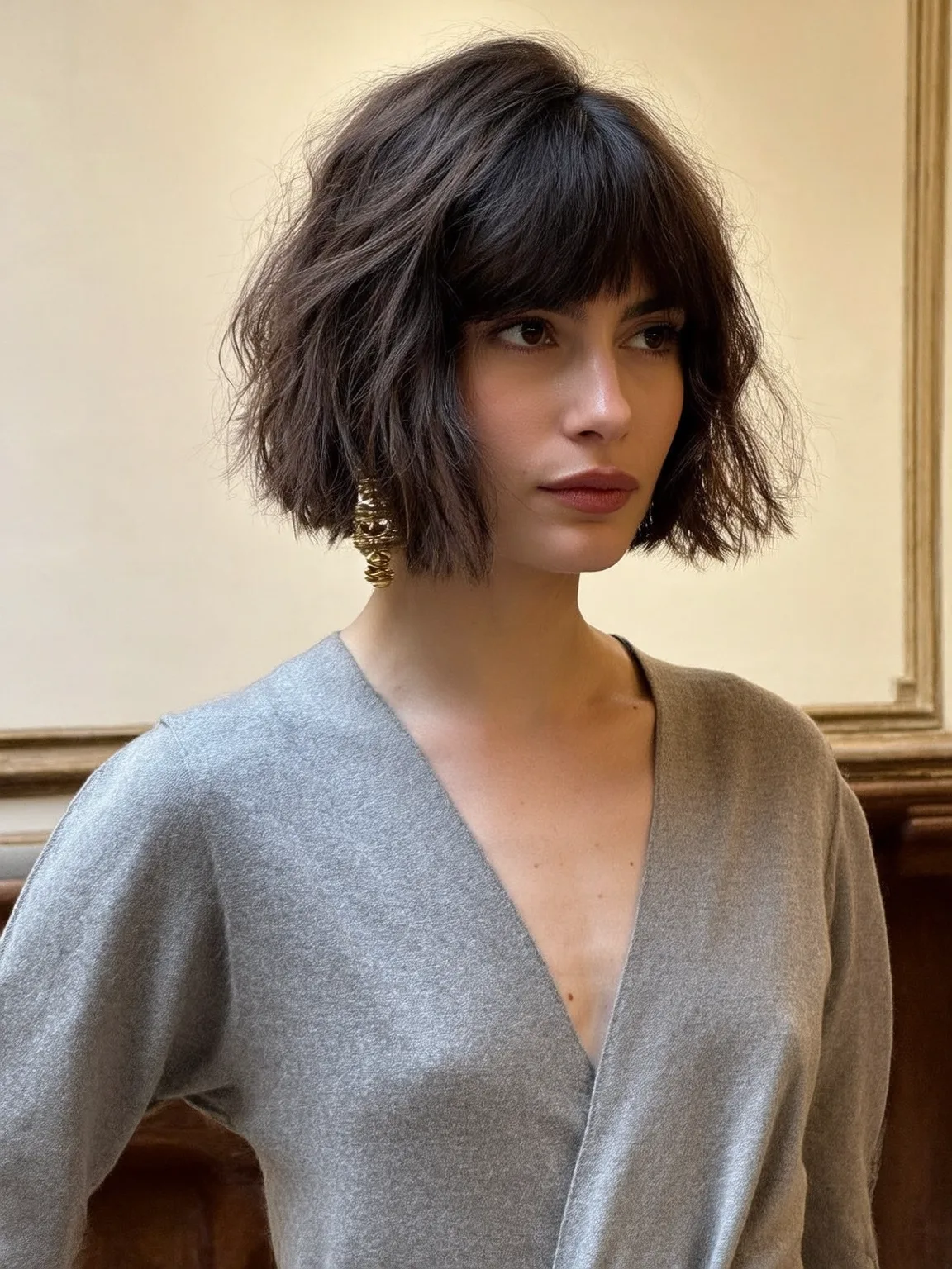 Chin-Length Wavy Bob with Blunt Bangs for Heart Faces